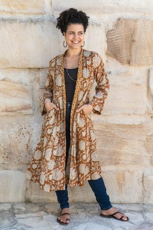 Womens, Tula Coat, full sleeve, 100% cotton, hand block print. In copper brown - Masala print