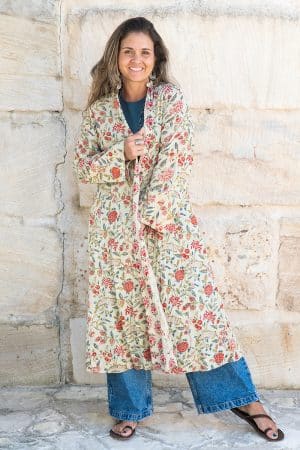 Womens, Tula Coat, full sleeve, 100% cotton, hand block print. In sepia floral - Rumi print.