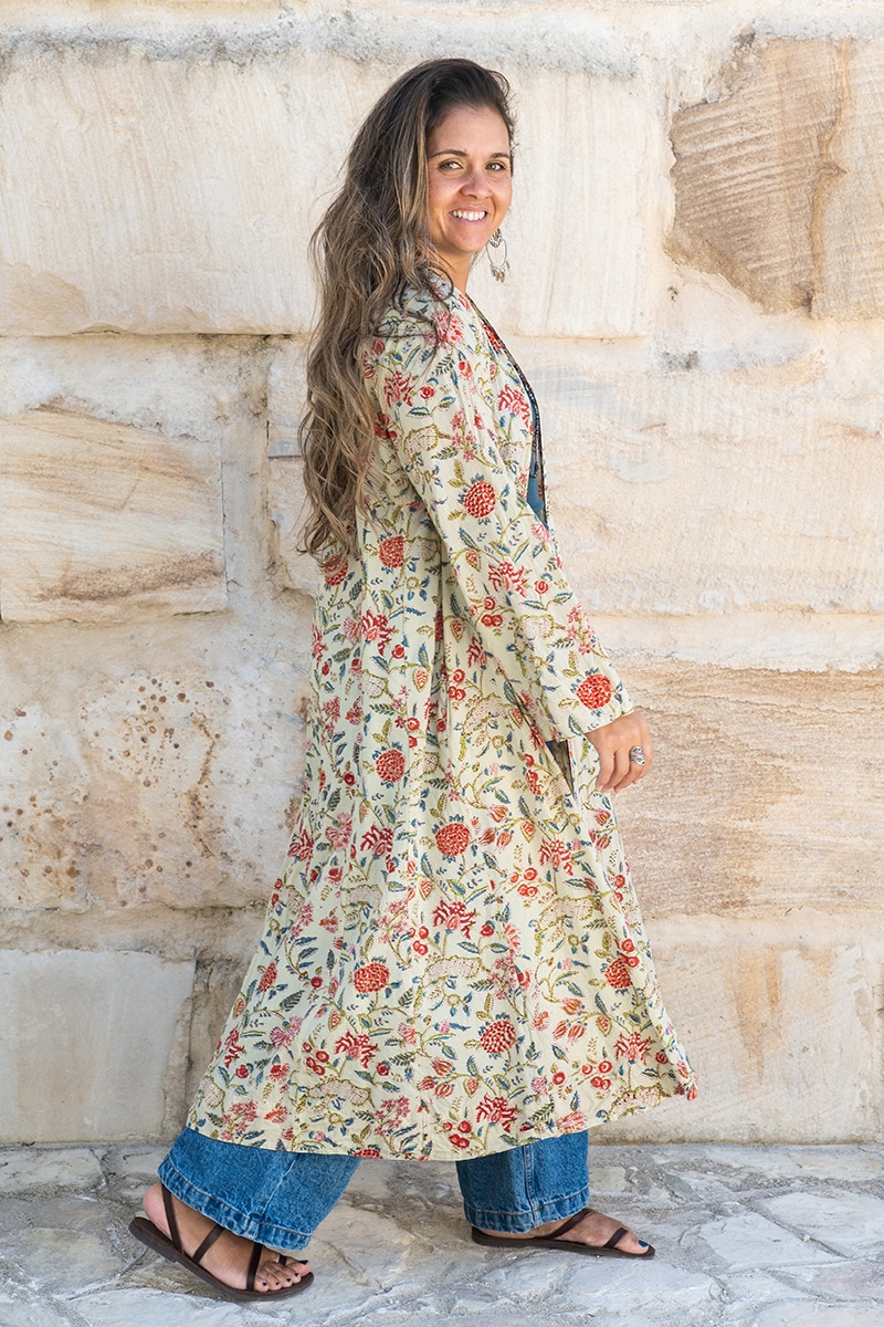 Womens, Tula Coat, full sleeve, 100% cotton, hand block print. In sepia floral - Rumi print.