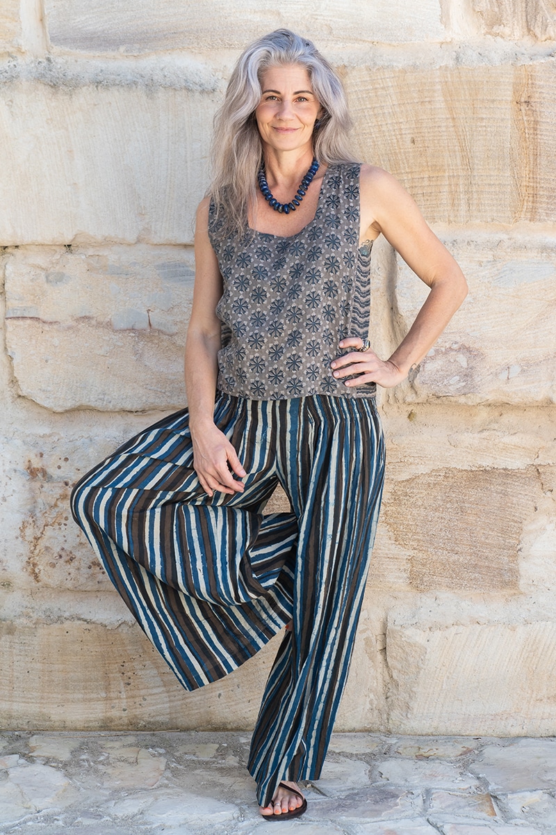 Womens, Lola blouse, sleevesless, & Apanna Pants, 100% cotton, hand block print. In Dandelion & Indigo Terra print