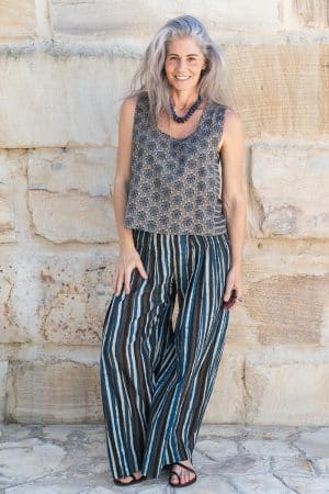 Womens, Lola blouse, sleevesless, & Apanna Pants, 100% cotton, hand block print. In Dandelion & Indigo Terra print