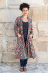 Womens, Tula Coat, full sleeve, 100% cotton, hand block print. In vibrant turquoise & coral hydrangea print - Bellisse