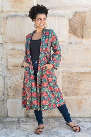 Womens, Tula Coat, full sleeve, 100% cotton, hand block print. In vibrant turquoise & coral hydrangea print - Bellisse