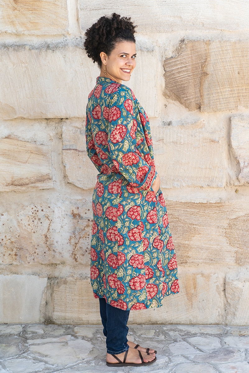Womens, Tula Coat, full sleeve, 100% cotton, hand block print. In vibrant turquoise & coral hydrangea print - Bellisse