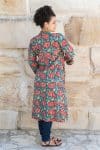 Womens, Tula Coat, full sleeve, 100% cotton, hand block print. In vibrant turquoise & coral hydrangea print - Bellisse