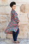 Womens, Tula Coat, full sleeve, 100% cotton, hand block print. In vibrant turquoise & coral hydrangea print - Bellisse