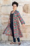 Womens, Tula Coat, full sleeve, 100% cotton, hand block print. In vibrant turquoise & coral hydrangea print - Bellisse