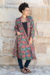 Womens, Tula Coat, full sleeve, 100% cotton, hand block print. In vibrant turquoise & coral hydrangea print - Bellisse
