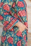 Womens, Tula Coat, full sleeve, 100% cotton, hand block print. In vibrant turquoise & coral hydrangea print - Bellisse