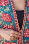 Womens, Tula Coat, full sleeve, 100% cotton, hand block print. In vibrant turquoise & coral hydrangea print - Bellisse
