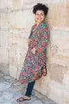 Womens, Tula Coat, full sleeve, 100% cotton, hand block print. In vibrant turquoise & coral hydrangea print - Bellisse