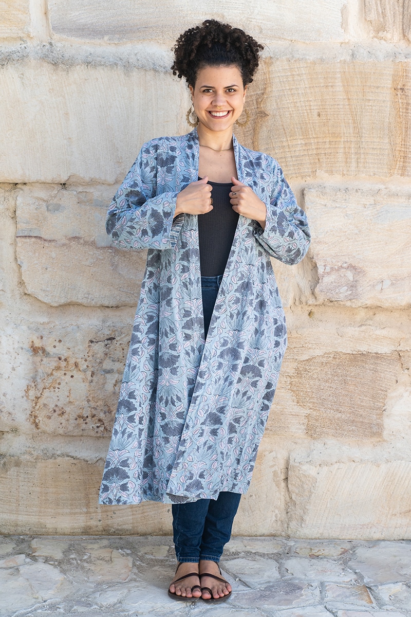 Womens, Tula Coat, full sleeve, 100% cotton, hand block print. In soft grey blue tones - Kamala