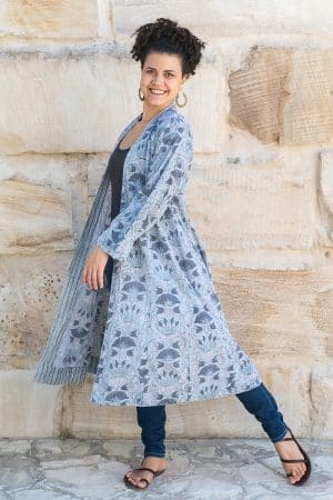 Womens, Tula Coat, full sleeve, 100% cotton, hand block print. In soft grey blue tones - Kamala