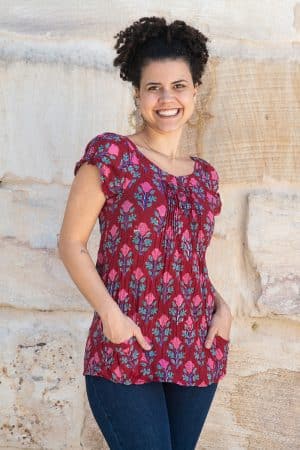 Womens, Sundra blouse, cap sleeves, 100% cotton, hand block print. In vibrant red - Ruby Veda