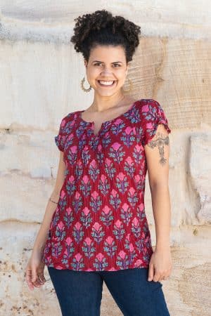 Womens, Sundra blouse, cap sleeves, 100% cotton, hand block print. In vibrant red - Ruby Veda