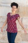 Womens, Sundra blouse, cap sleeves, 100% cotton, hand block print. In vibrant red - Ruby Veda