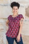 Womens, Sundra blouse, cap sleeves, 100% cotton, hand block print. In vibrant red - Ruby Veda