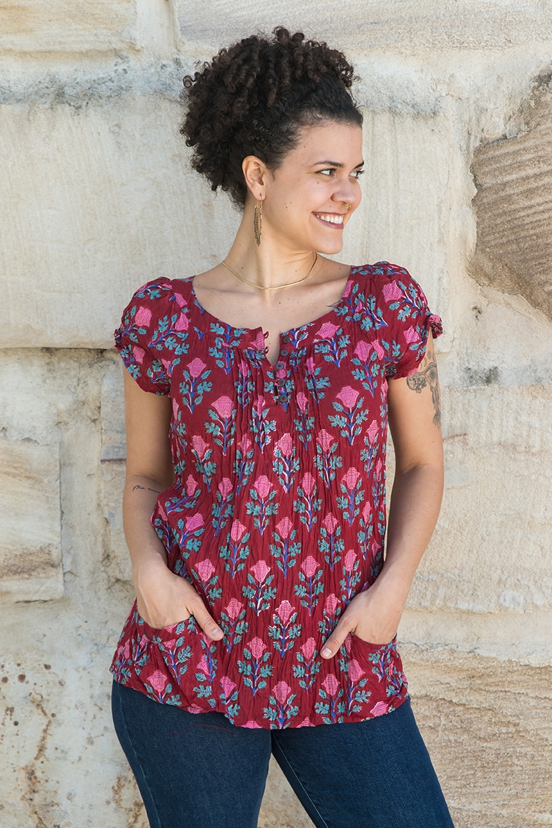 Womens, Sundra blouse, cap sleeves, 100% cotton, hand block print. In vibrant red - Ruby Veda