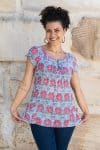 Womens, Sundra blouse, cap sleeves, 100% cotton, hand block print. In watermelon pink & grey - Floria