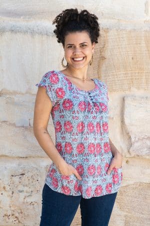 Womens, Sundra blouse, cap sleeves, 100% cotton, hand block print. In watermelon pin & grey - Floria