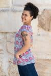 Womens, Sundra blouse, cap sleeves, 100% cotton, hand block print. In watermelon pink & grey - Floria