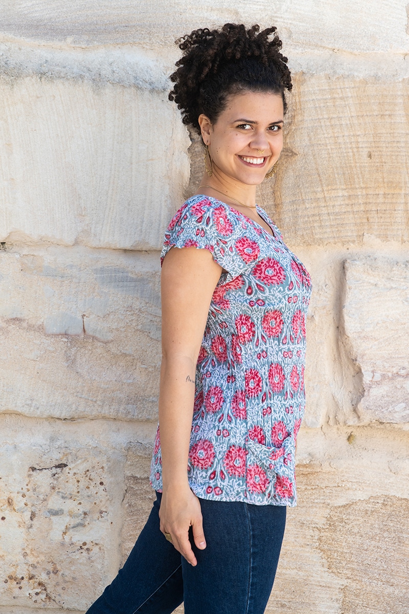 Womens, Sundra blouse, cap sleeves, 100% cotton, hand block print. In watermelon pin & grey - Floria