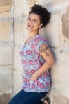 Womens, Sundra blouse, cap sleeves, 100% cotton, hand block print. In watermelon pin & grey - Floria
