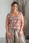 Womens Tops, 100% Cotton, Hand Block Print, Summer. Lola in Brown Floral Nutmeg