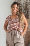 Womens Tops, 100% Cotton, Hand Block Print, Summer. Lola in Brown Floral Nutmeg
