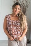 Womens Tops, 100% Cotton, Hand Block Print, Summer. Lola in Brown Floral Nutmeg