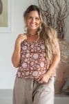Womens Tops, 100% Cotton, Hand Block Print, Summer. Lola in Brown Floral Nutmeg