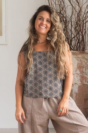 Womens Tops, 100% Cotton, Hand Block Print, Summer. Lola in earthy tones, Dandelion.
