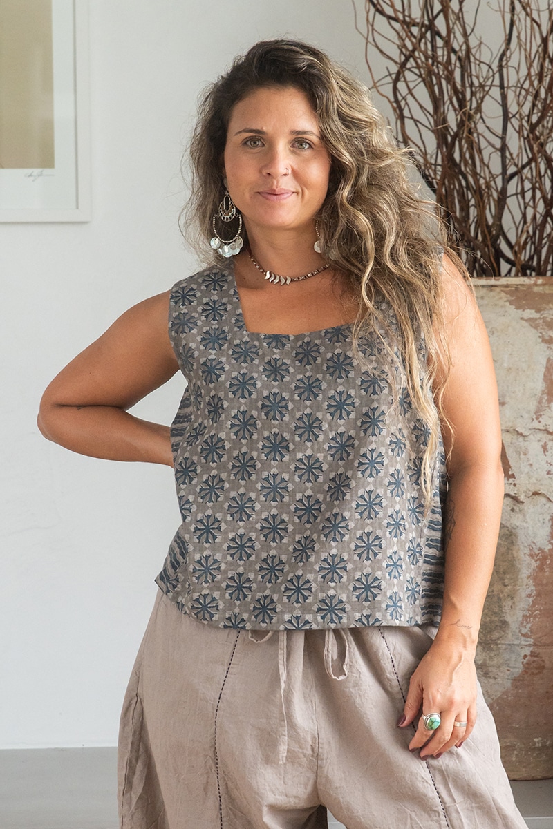 Womens Tops, 100% Cotton, Hand Block Print, Summer. Lola in earthy tones, Dandelion.