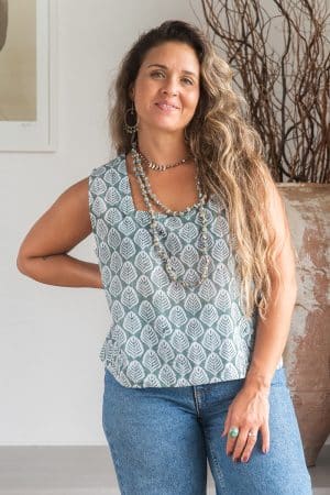 Womens Tops, 100% Cotton, Hand Block Print, Summer. Lola in soft green Eucalypt
