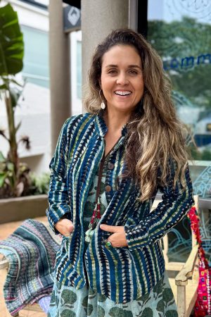 Womens, Tilbra Jacket, long sleeve, 100% cotton corduroy, hand block print. In natural earthy forest tones. Lazulite