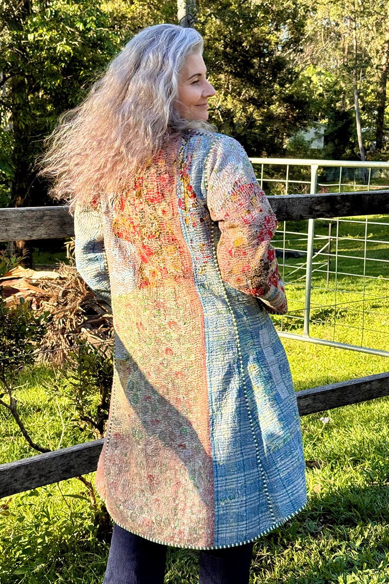 Womens, Tundra Kantha Duster, reversible, handmade from 100% cotton recycled Vintage fabrics, in Tallowa