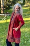 Womens Persian Luxe Coat, hand embroidered, red cranberry