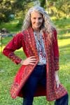 Womens Persian Luxe Coat, hand embroidered, red cranberry