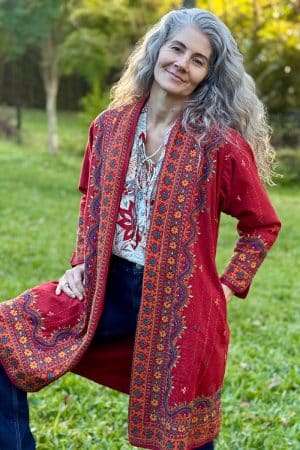 Womens Persian Luxe Coat, hand embroidered, red cranberry