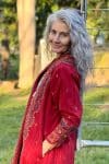 Womens Persian Luxe Coat, hand embroidered, red cranberry