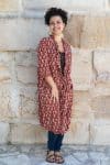 Womens, Shimla Coat, 7/8 sleeve, 100% cotton, hand block print. In rustic red - Kalika print