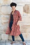 Womens, Shimla Coat, 7/8 sleeve, 100% cotton, hand block print. In rustic red - Kalika print