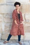 Womens, Shimla Coat, 7/8 sleeve, 100% cotton, hand block print. In rustic red - Kalika print