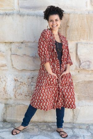 Womens, Shimla Coat, 7/8 sleeve, 100% cotton, hand block print. In rustic red - Kalika print