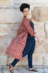 Womens, Shimla Coat, 7/8 sleeve, 100% cotton, hand block print. In rustic red - Kalika print
