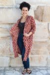 Womens, Shimla Coat, 7/8 sleeve, 100% cotton, hand block print. In rustic red - Kalika print