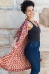 Womens, Shimla Coat, 7/8 sleeve, 100% cotton, hand block print. In rustic red - Kalika print