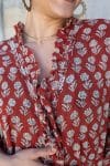 Womens, Shimla Coat, 7/8 sleeve, 100% cotton, hand block print. In rustic red - Kalika print