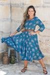 Womens, Flamenco dress with sleeves - 100% Cotton - Blue Lagoon