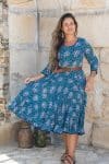 Womens, Flamenco dress with sleeves - 100% Cotton - Blue Lagoon